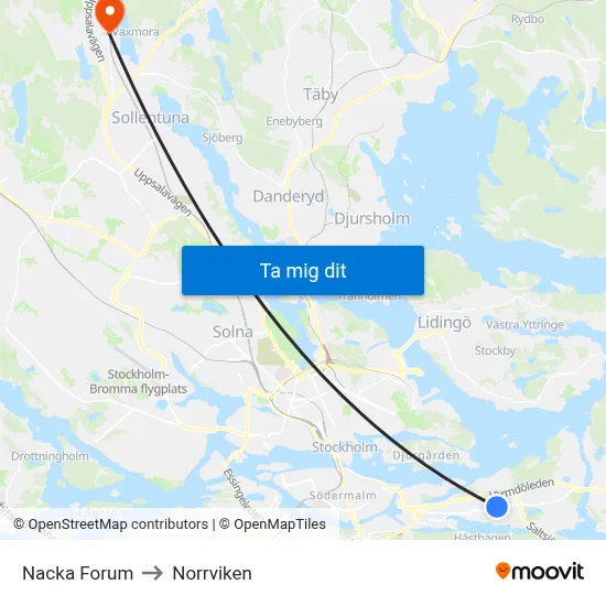 Nacka Forum to Norrviken map