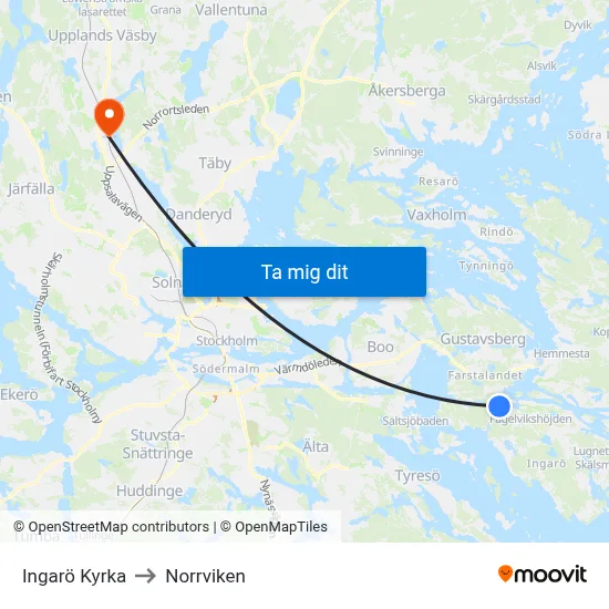 Ingarö Kyrka to Norrviken map