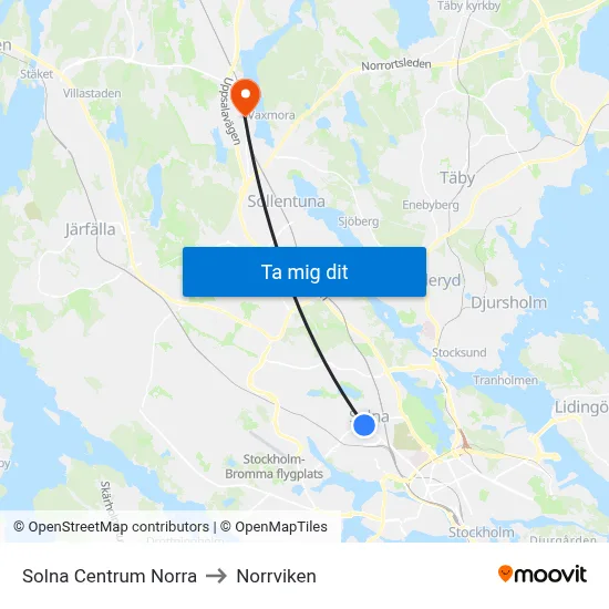 Solna Centrum Norra to Norrviken map
