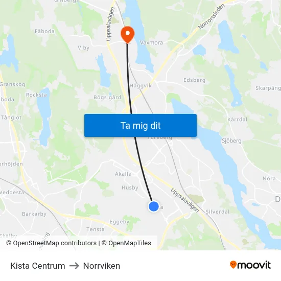 Kista Centrum to Norrviken map