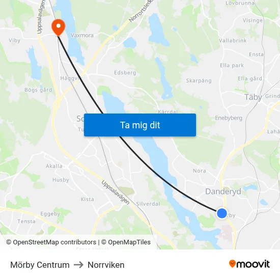 Mörby Centrum to Norrviken map