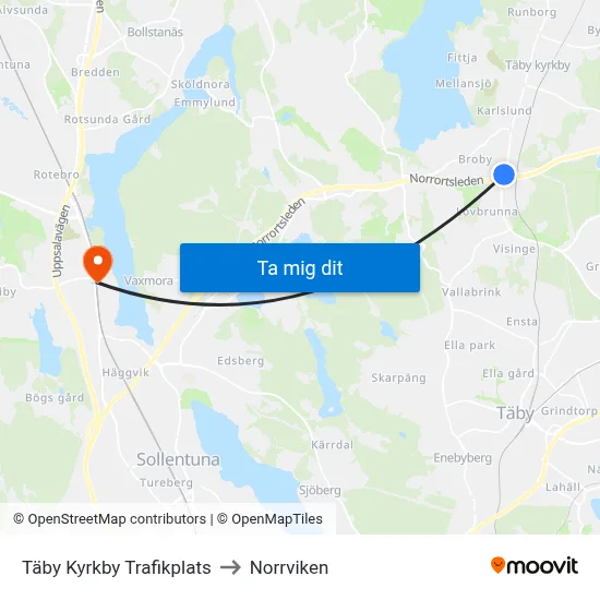 Täby Kyrkby Trafikplats to Norrviken map