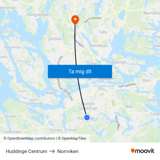 Huddinge Centrum to Norrviken map
