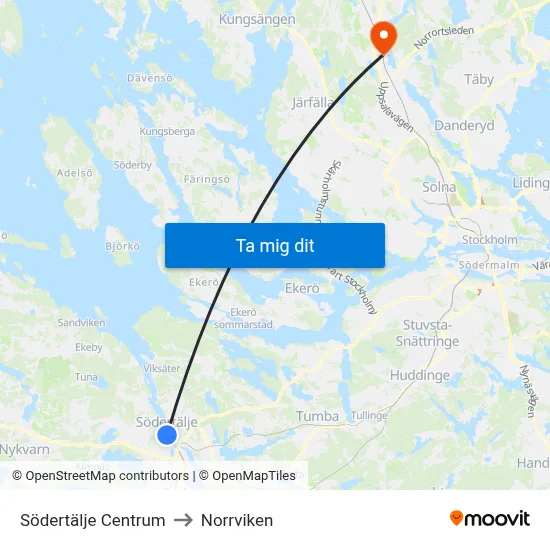 Södertälje Centrum to Norrviken map