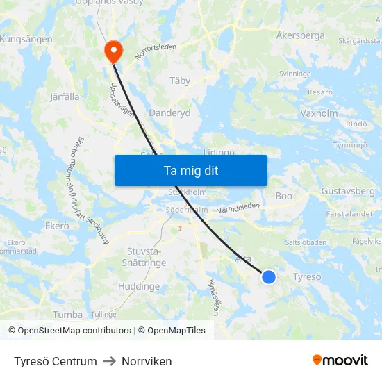 Tyresö Centrum to Norrviken map