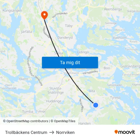 Trollbäckens Centrum to Norrviken map
