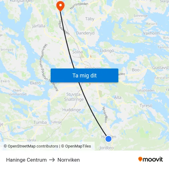 Haninge Centrum to Norrviken map