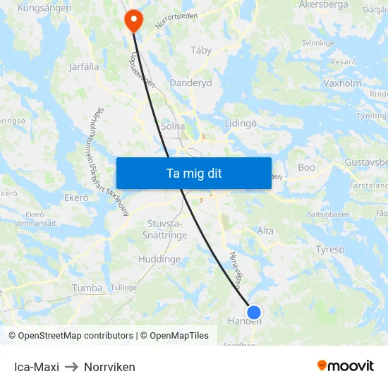 Ica-Maxi to Norrviken map