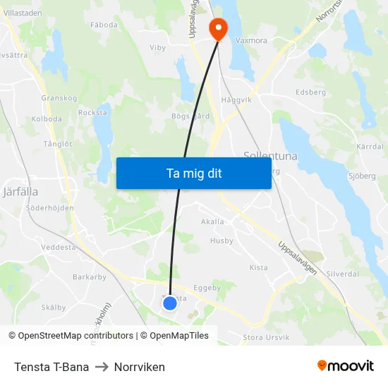 Tensta T-Bana to Norrviken map