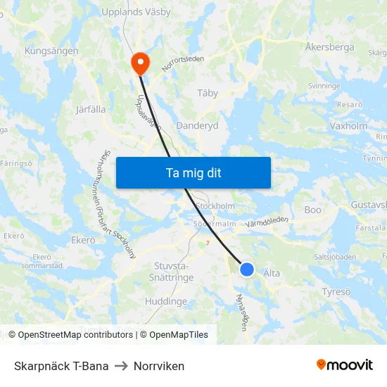 Skarpnäck T-Bana to Norrviken map