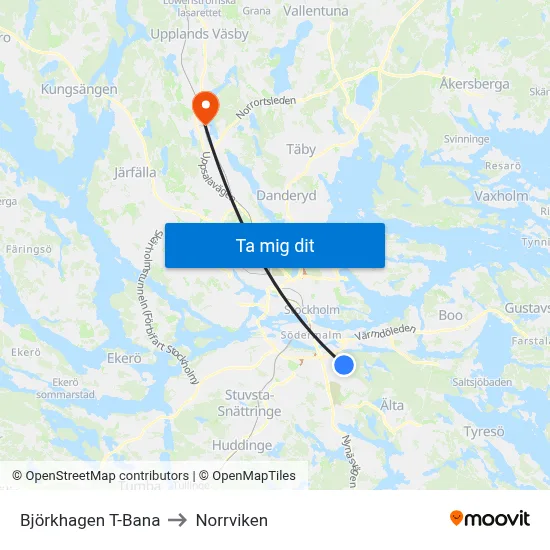 Björkhagen T-Bana to Norrviken map