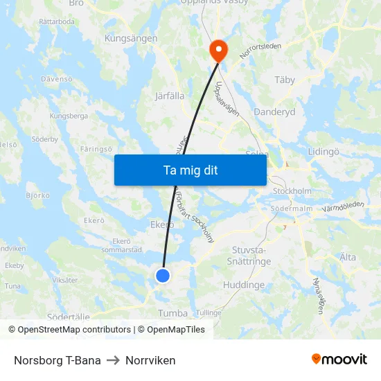 Norsborg T-Bana to Norrviken map