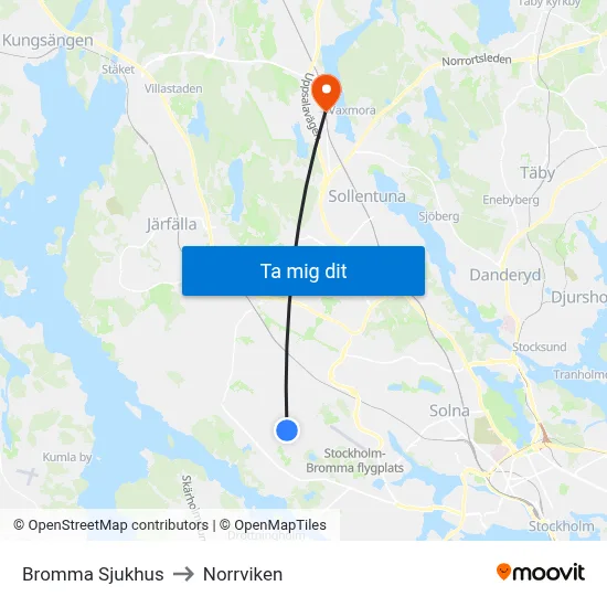Bromma Sjukhus to Norrviken map