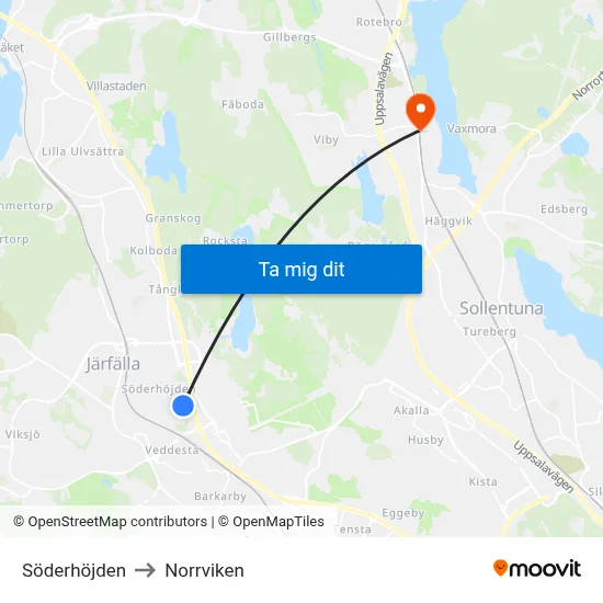 Söderhöjden to Norrviken map