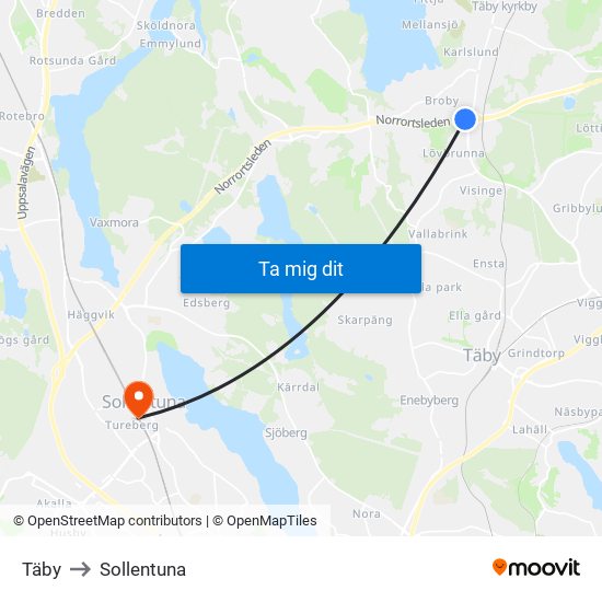 Täby to Sollentuna map