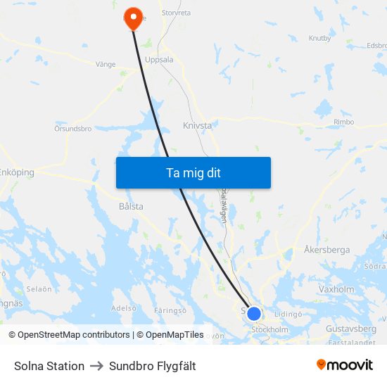 Solna Station to Sundbro Flygfält map
