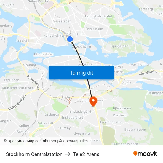 Stockholm Centralstation to Tele2 Arena map