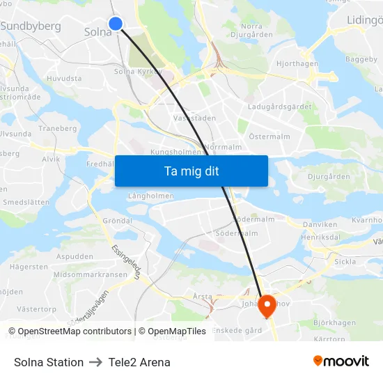 Solna Station to Tele2 Arena map