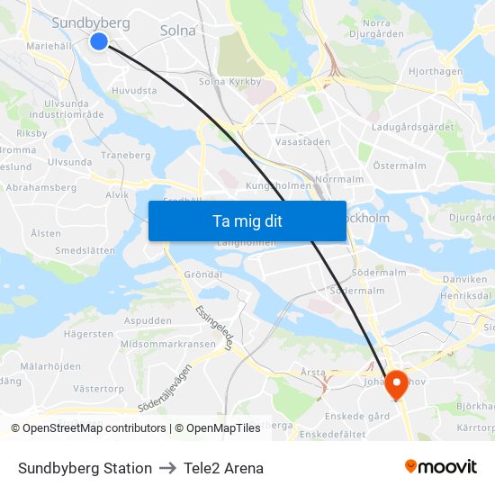 Sundbyberg Station to Tele2 Arena map