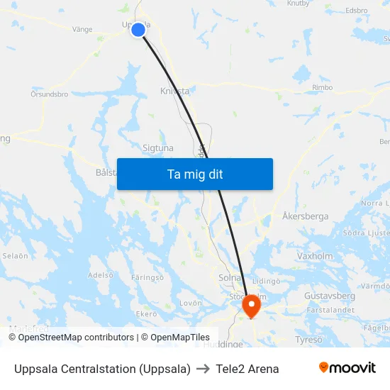 Uppsala Centralstation (Uppsala) to Tele2 Arena map