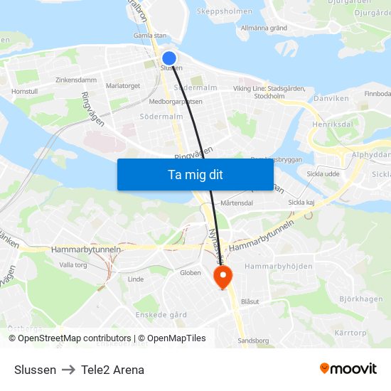 Slussen to Tele2 Arena map