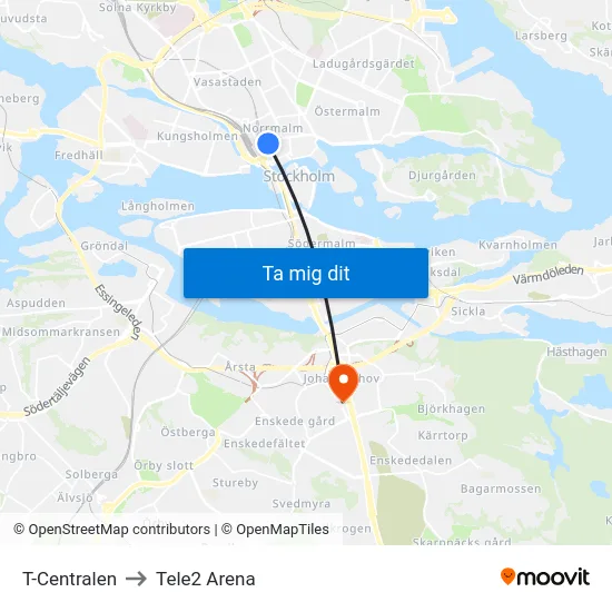 T-Centralen to Tele2 Arena map