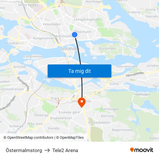 Östermalmstorg to Tele2 Arena map