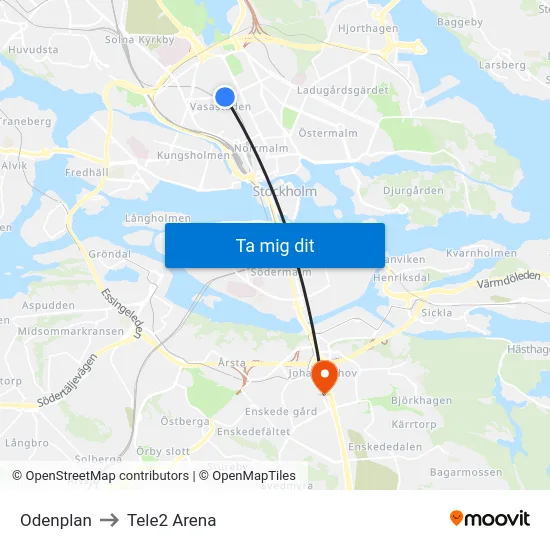 Odenplan to Tele2 Arena map