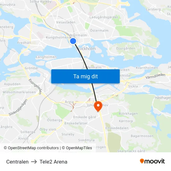 Centralen to Tele2 Arena map