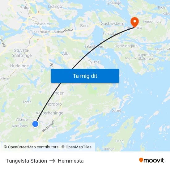 Tungelsta Station to Hemmesta map