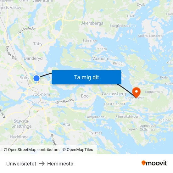 Universitetet to Hemmesta map