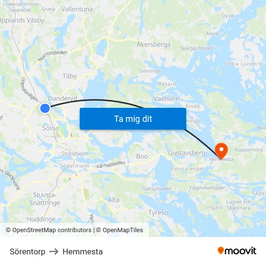 Sörentorp to Hemmesta map