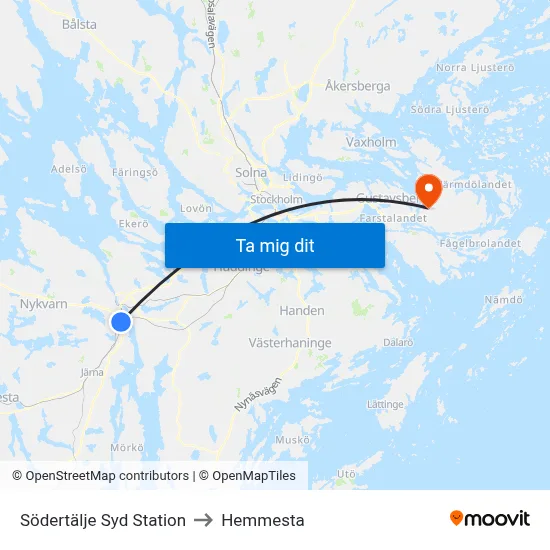 Södertälje Syd Station to Hemmesta map