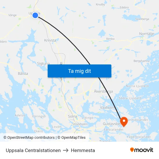 Uppsala Centralstationen to Hemmesta map