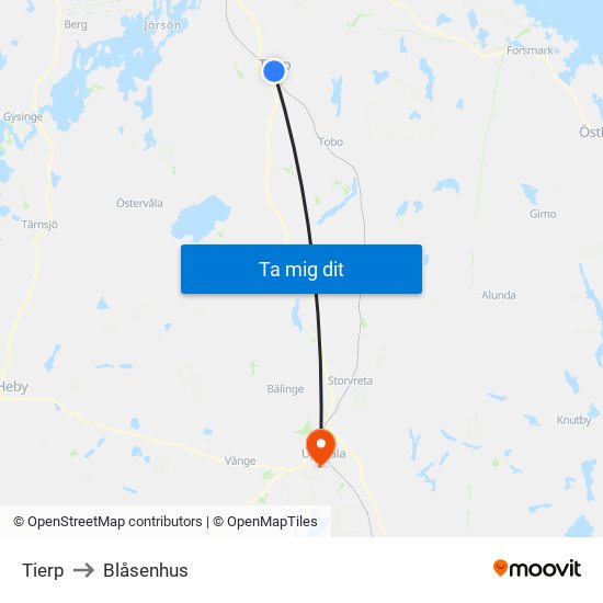 Tierp to Blåsenhus map