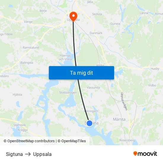 Sigtuna to Uppsala map