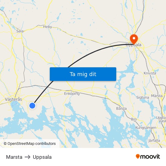 Marsta to Uppsala map