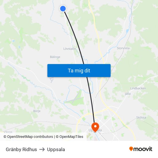 Gränby Ridhus to Uppsala map