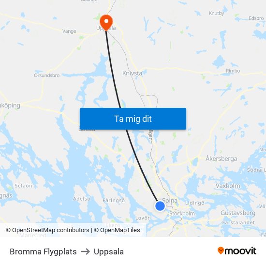 Bromma Flygplats to Uppsala map