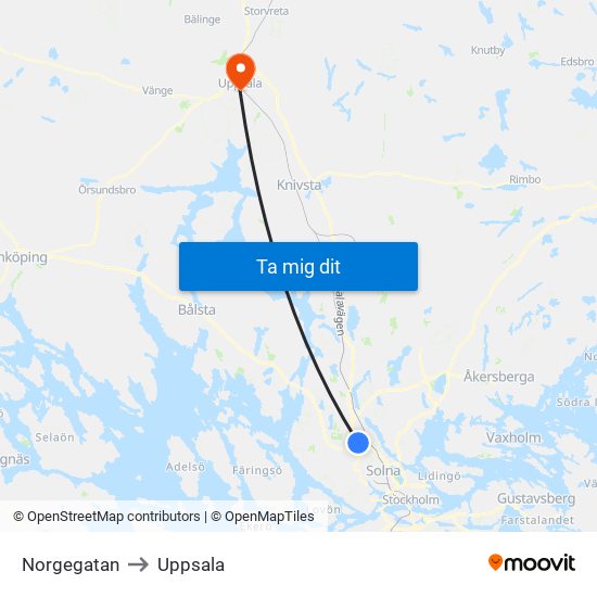 Norgegatan to Uppsala map