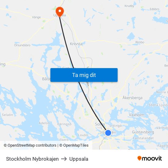 Stockholm Nybrokajen to Uppsala map