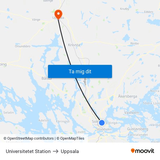 Universitetet Station to Uppsala map