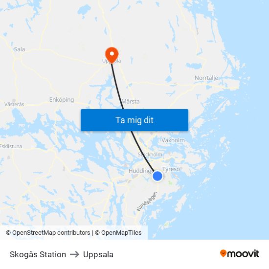 Skogås Station to Uppsala map