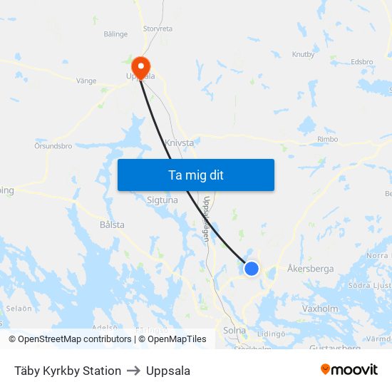 Täby Kyrkby Station to Uppsala map