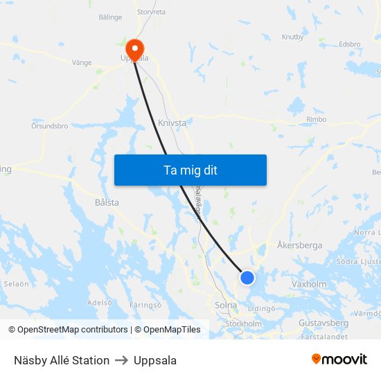 Näsby Allé Station to Uppsala map
