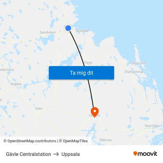 Gävle Centralstation to Uppsala map