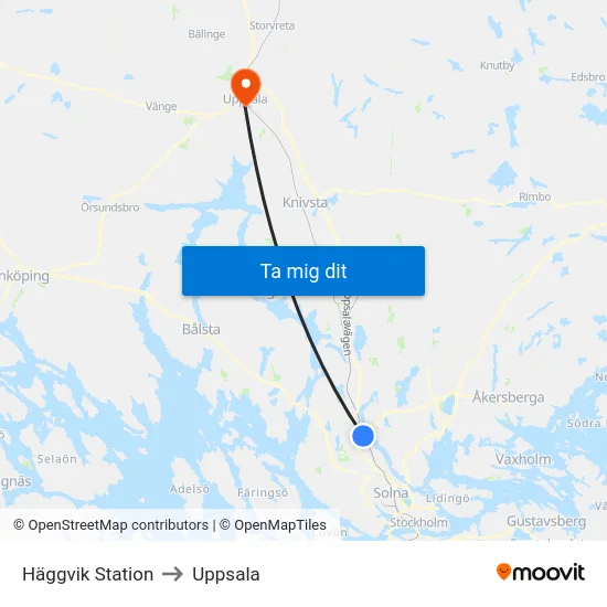 Häggvik Station to Uppsala map