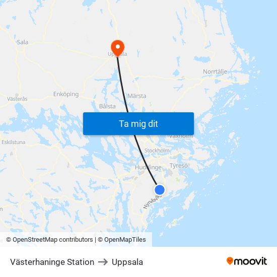 Västerhaninge Station to Uppsala map