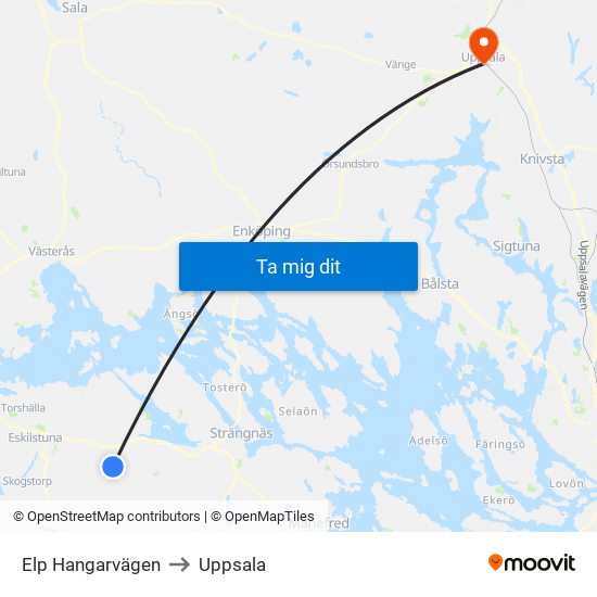 Elp Hangarvägen to Uppsala map