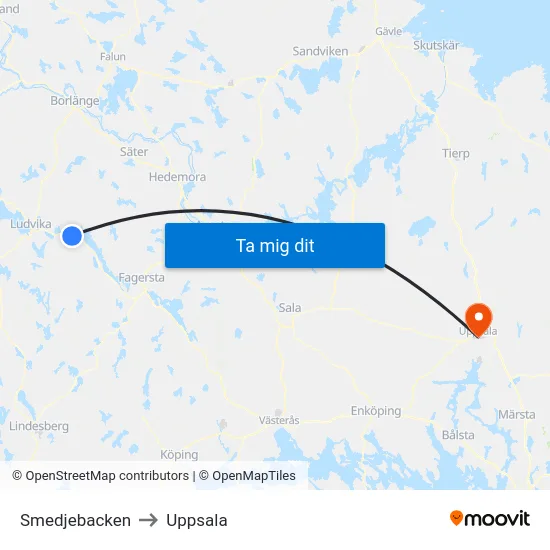 Smedjebacken to Uppsala map